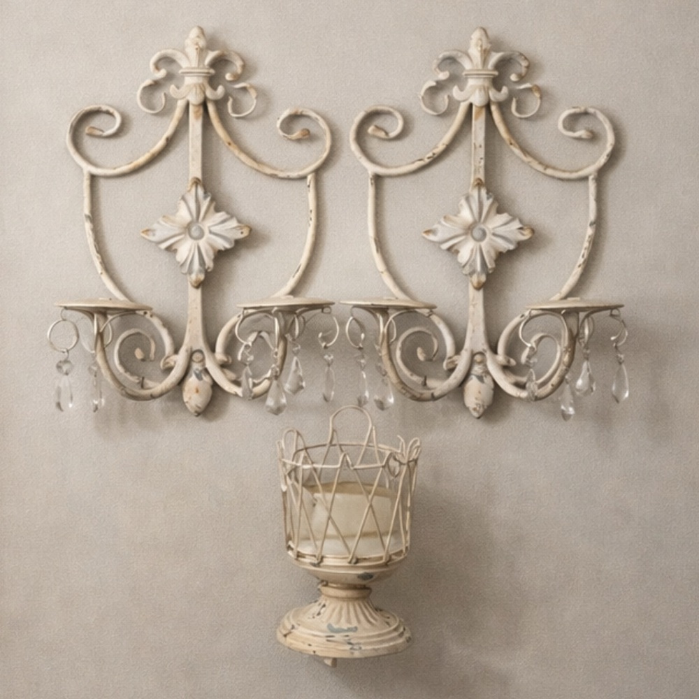 Wall Candle Sconces w/ Dangle Faux Crystals and Matching Candle Holder